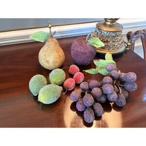 Vintage Older Beaded Fruit Grapes Pear, Apple Cherries and Limes Set of 9